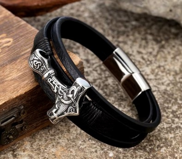 Armband - schwarz - Thors Hammer - Silber Optik